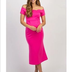 Bright pink off the shoulder maternity dress